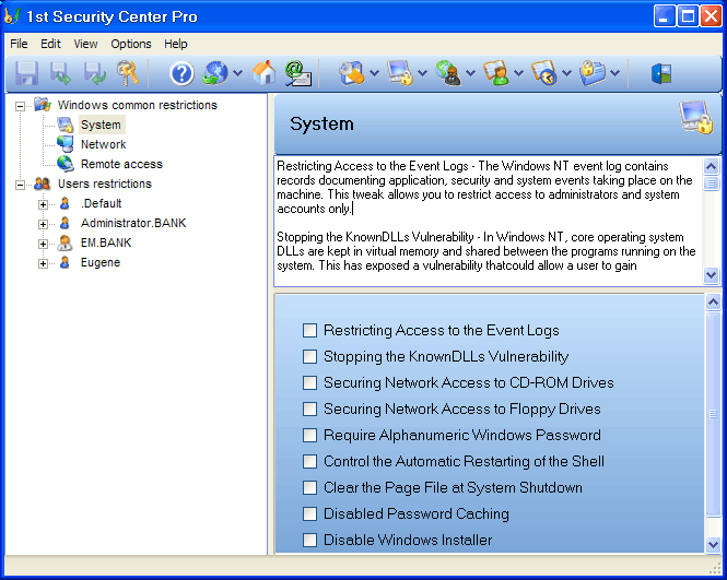 Windows Security Officer enables you to protect and totally control access to your personal computer. It offers administrative support for controlling which users are allowed to access your computer and the level of access each user may have.